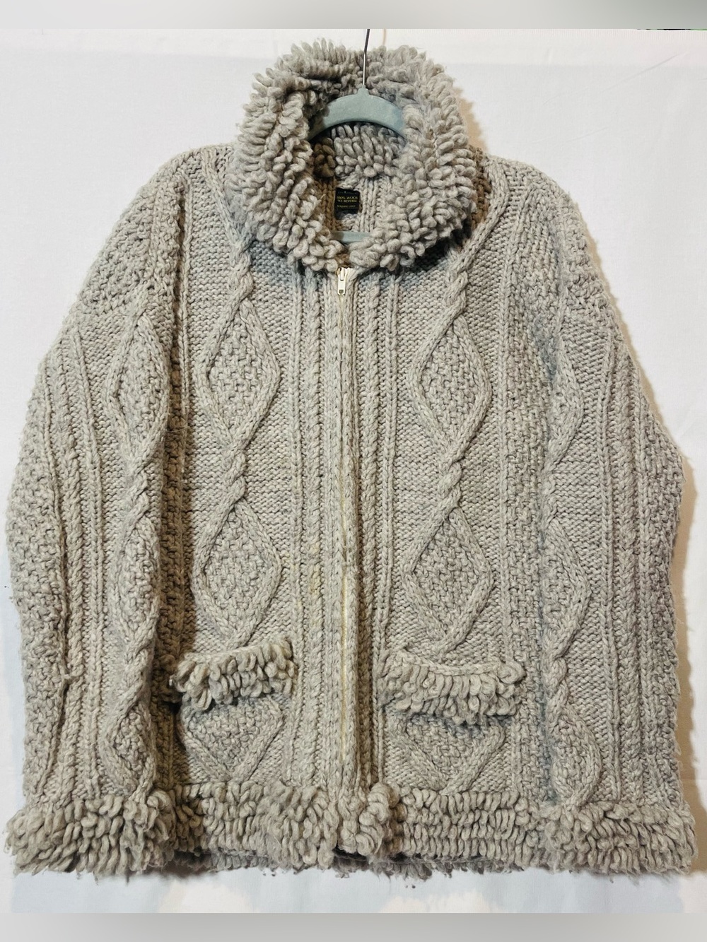 VTG Casa De Lana Hand Knit Wool Fisherman Cardigan Jacket Ecuador Grey M/L